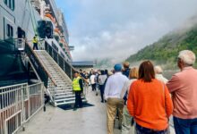 Passengers boarding the Cunard ship Queen Anne in Norway