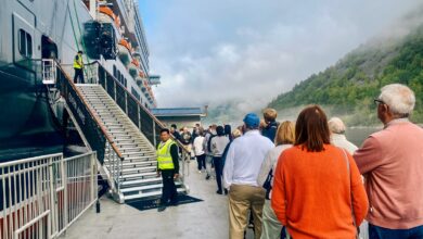 Passengers boarding the Cunard ship Queen Anne in Norway