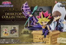 Promotional image of Yu-Gi-Oh! Desktop Collection figures showing Kaiba, Yugi and the Dark Magician