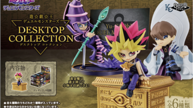 Promotional image of Yu-Gi-Oh! Desktop Collection figures showing Kaiba, Yugi and the Dark Magician