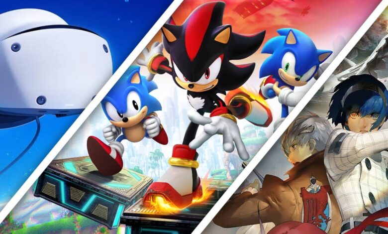 PSVR2, Sonic X Shadow Generations, and Metaphor: ReFantazio separated by diagonal white lines. All are in Amazon's Black Friday 2024 sale