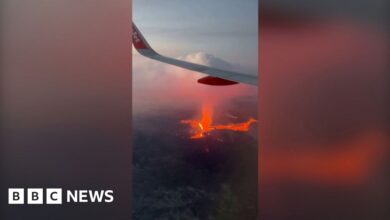 Airplane passengers film Icelandic volcanic lava from above