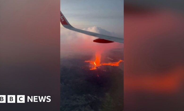 Airplane passengers film Icelandic volcanic lava from above