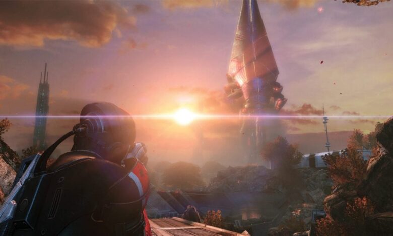 Screenshot of Mass Effect, Shepherd stares at a Reaper taking off.