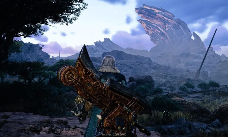 Panorama of the Windward Plains with a Hunter, weapon stowed looking over it in Monster Hunter wilds