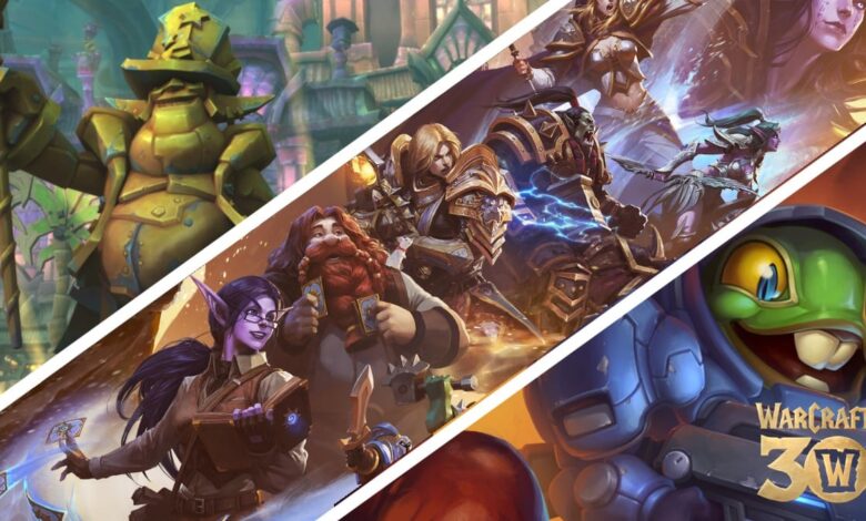 Warcraft 30th Anniversary compilation image, featuring The Undermine from TWW, 30th Anniversary key art, and a card from Hearthstone: Heroes of Starcraft