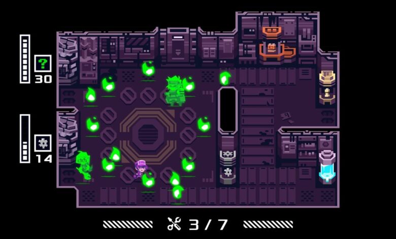 Awaria - A maintenance worker runs past some green flames to get to a broken generator. A green ghost is floating nearby.