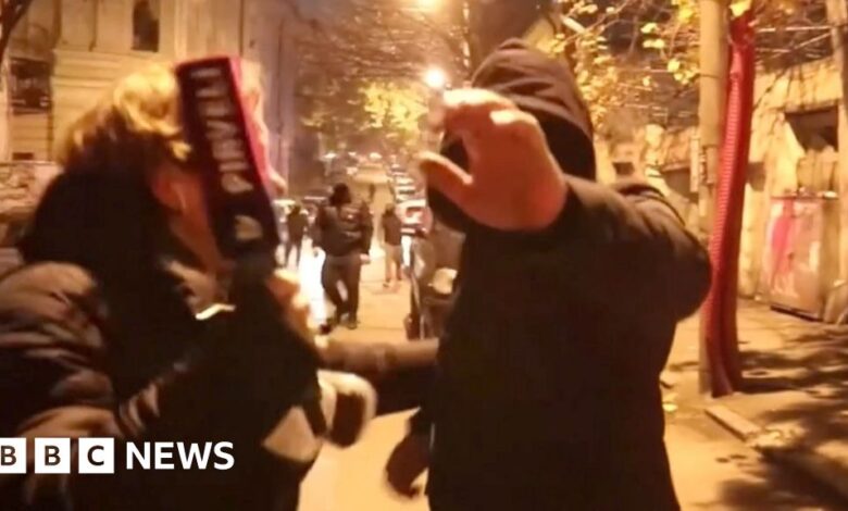 The moment a journalist and cameraman were attacked by masked people in Georgia