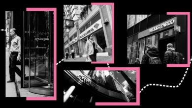 A collage of black and white photos featuring four major bank buildings: JPMorgan Chase, Bank of America, Wells Fargo, and Citibank.