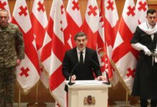 Georgia’s new president Mikheil Kavelashvili speaks during his swearing-in ceremony at the parliament in Tbilisi,