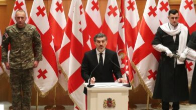 Georgia’s new president Mikheil Kavelashvili speaks during his swearing-in ceremony at the parliament in Tbilisi,