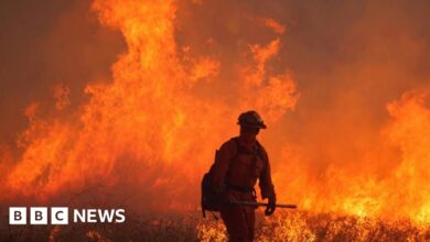 Firefighters battle a massive blaze near Los Angeles as winds pick up