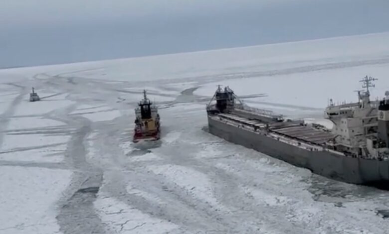 A Canadian transport plane has been stuck in the ice of Lake Erie for days, and more ships are coming to help free it